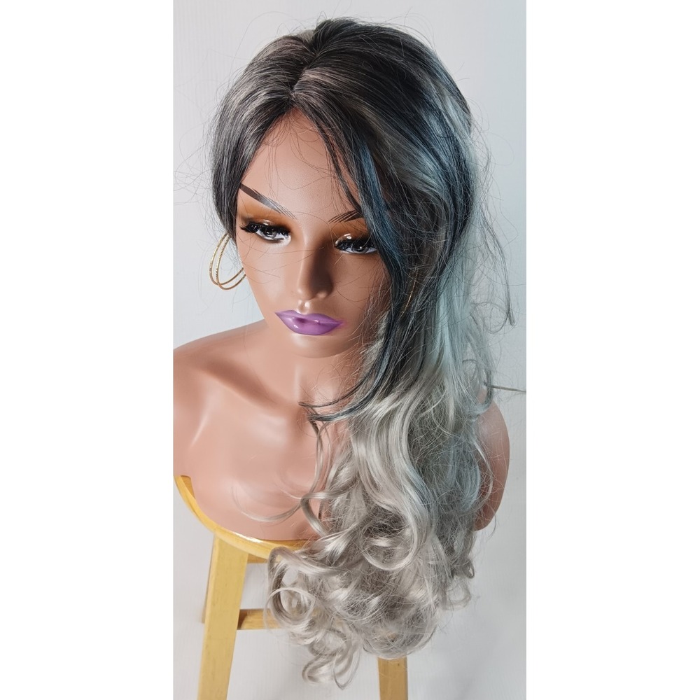 Curly Wavy Long synthetic Black Gray Silver Highlights middle Part hair wig 27" - Picture 9 of 11